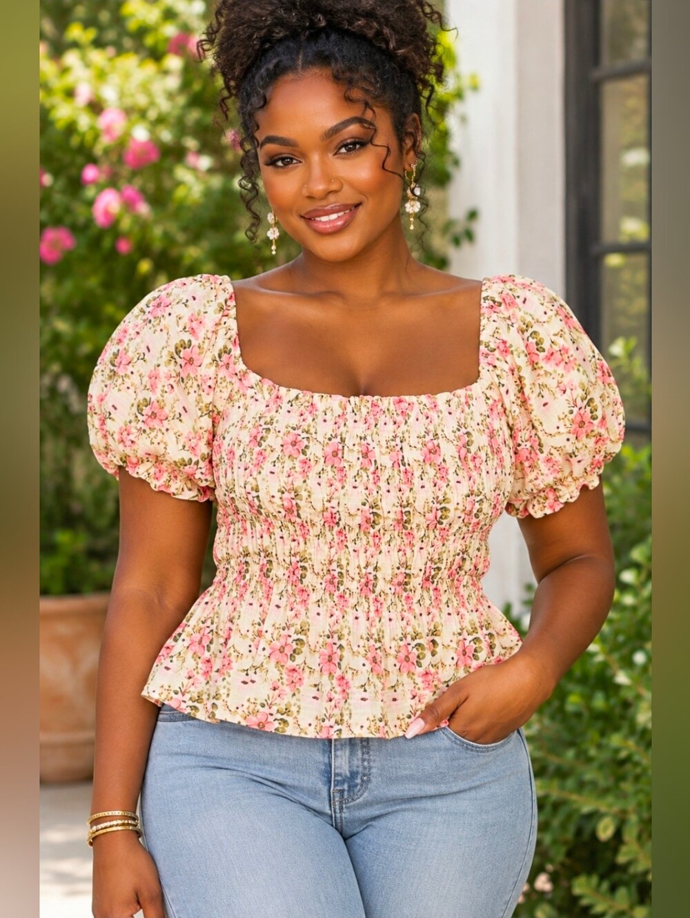 NEW!!! POL Red & Cream Floral Smocked Puff-Sleeve Blouse, Sz Medium, NWT